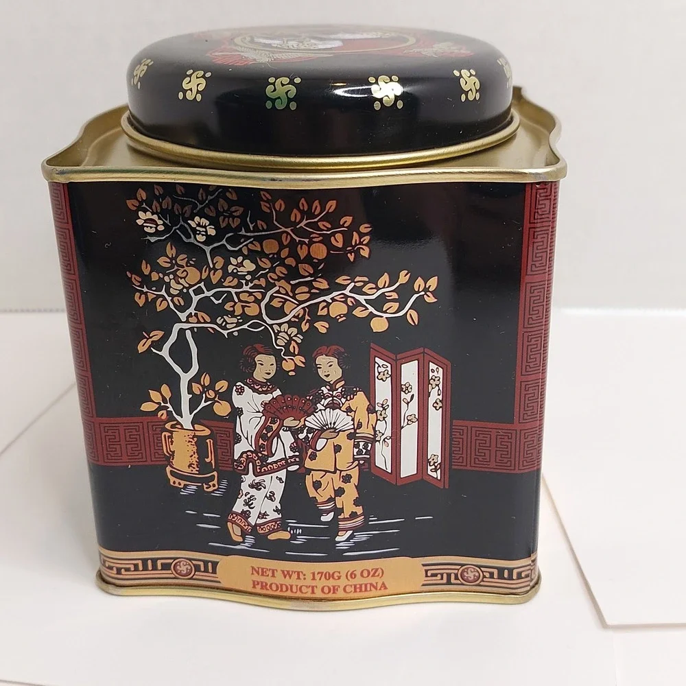 Vintage Asian Themed Tea Tin Black Metal Decorative Storage Container 4